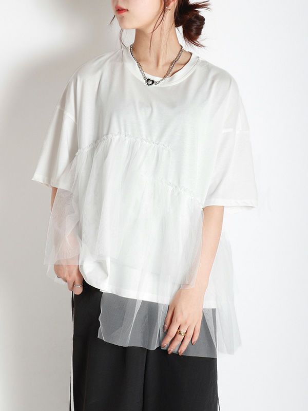 アシンメトリーチュールレイヤードTシャツ